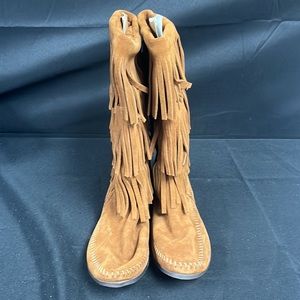 Minnetonka Tan Suede Fringe Knee-High Boots